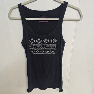 Victoria Secret Black Tank Top Sz Large Shiny Silver Bling Y2K Ribbed Comfy U423